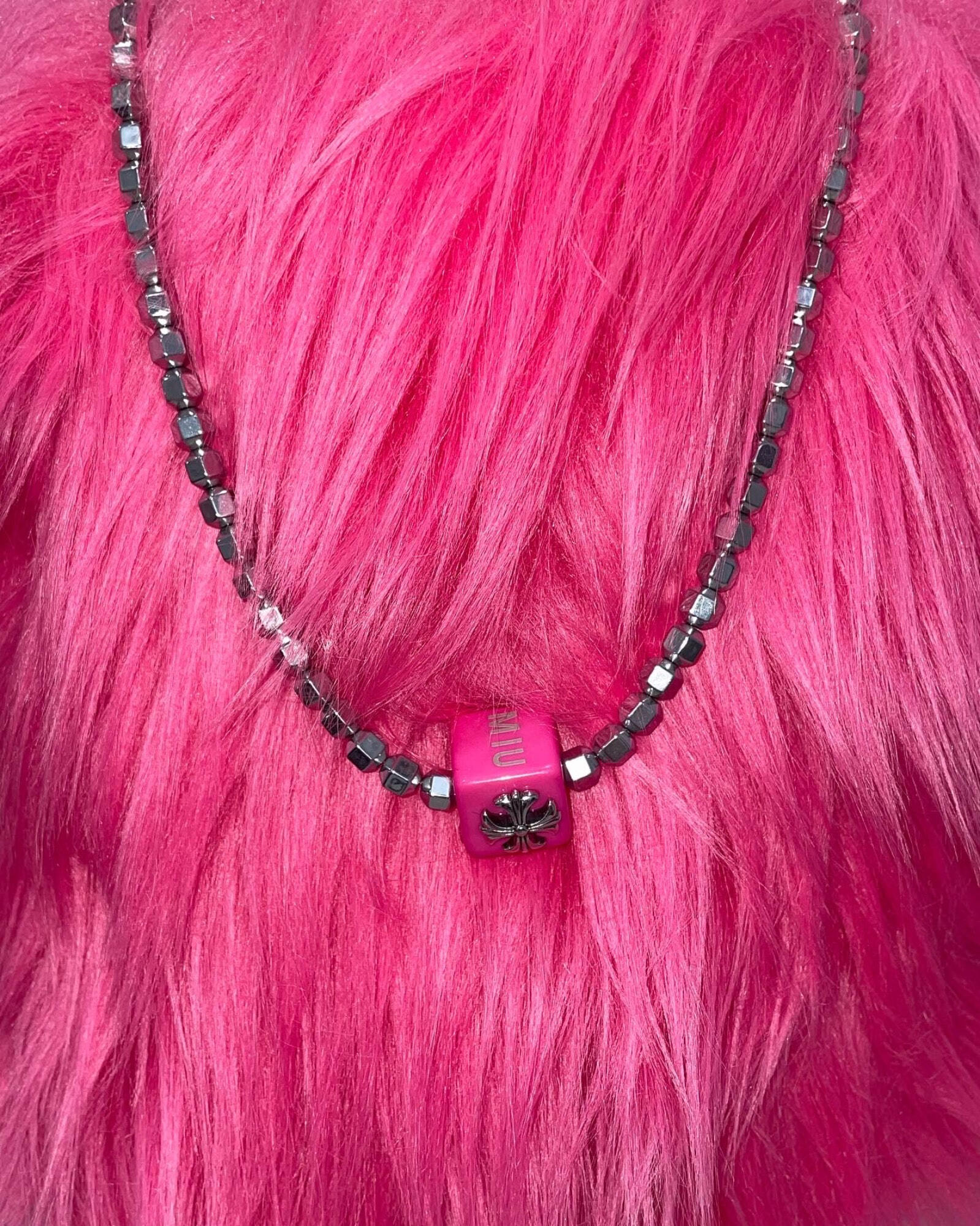 pink crom cube necklace